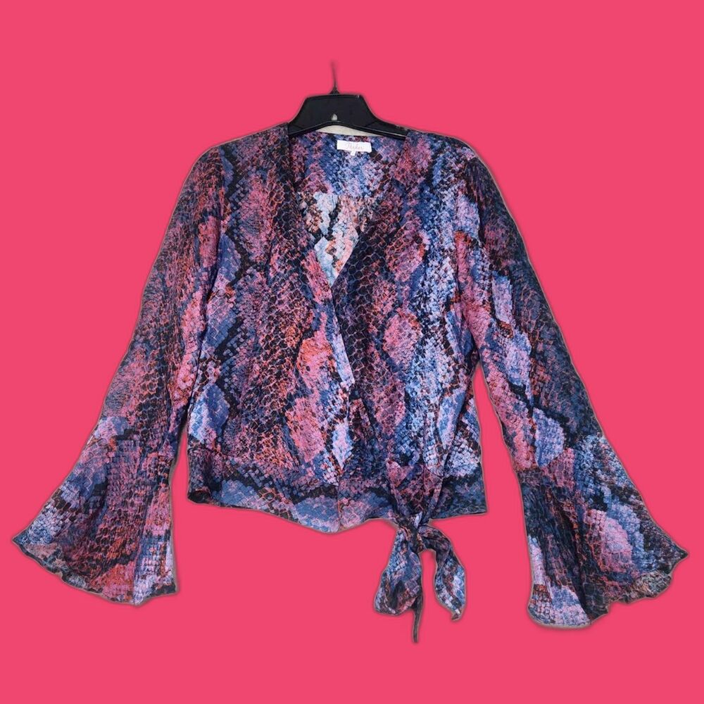 Parker Women's Blue Snakeskin Print Blouse Wrap Silk Blend Bell Sleeve Size S